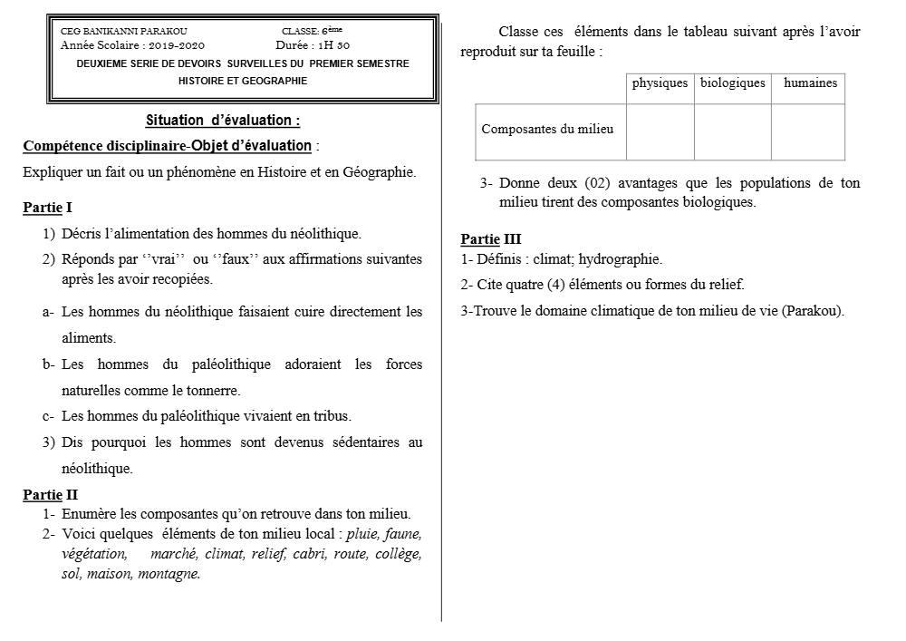 Aperçu de la première page — Histoire Géographie 6e Devoir 2 Semestre 1 CEG Banikanni 2019 2020