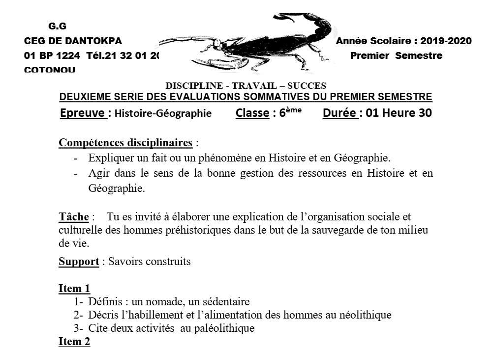 Aperçu de la première page — Histoire Géographie 6e Devoir 2 Semestre 1 CEG Dantokpa 2019 2020