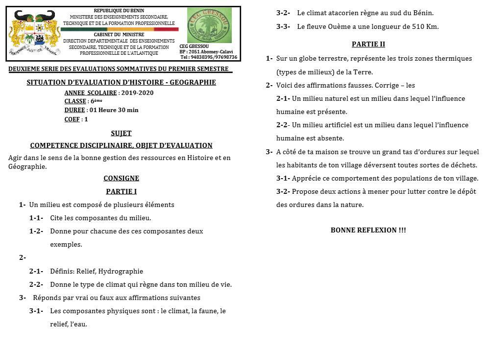 Aperçu de la première page — Histoire Géographie 6e Devoir 2 Semestre 1 CEG Gbessou 2019 2020