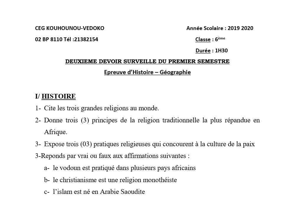 Aperçu de la première page — Histoire Géographie 6e Devoir 2 Semestre 1 CEG Kouhounou 2019 2020