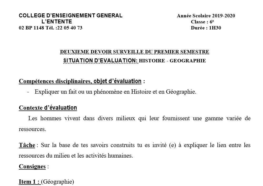 Aperçu de la première page — Histoire Géographie 6e Devoir 2 Semestre 1 CEG L'Entente 2019 2020