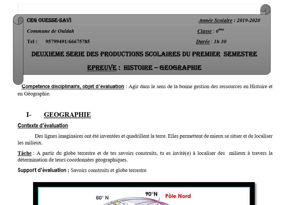 Aperçu de la première page — Histoire Géographie 6e Devoir 2 Semestre 1 CEG Ouesse 2019 2020