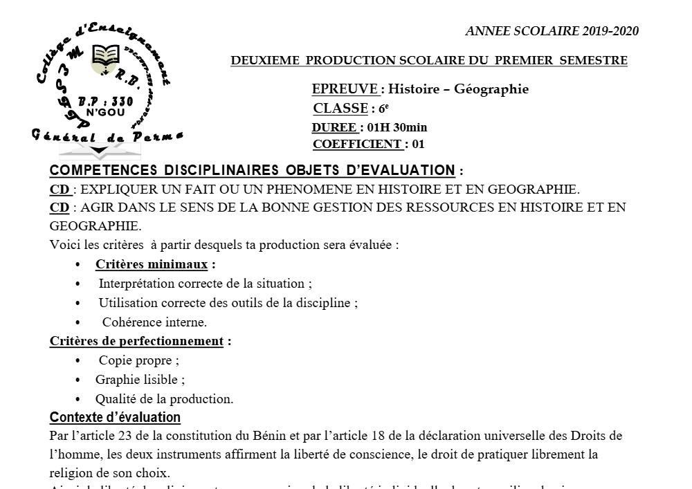 Aperçu de la première page — Histoire Géographie 6e Devoir 2 Semestre 1 CEG Perma 2019 2020