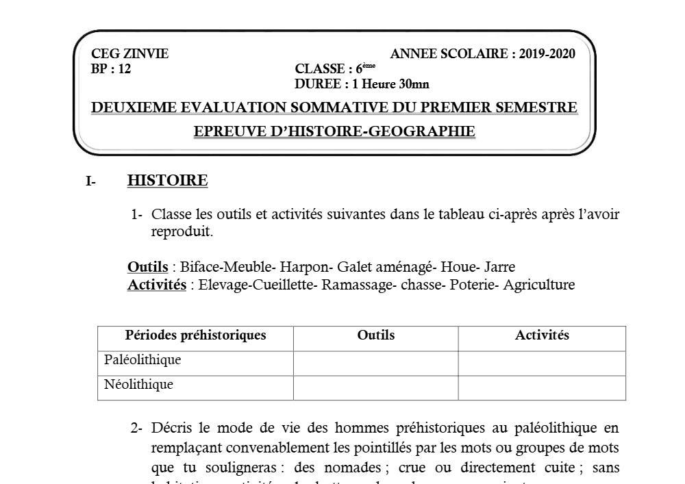 Aperçu de la première page — Histoire Géographie 6e Devoir 2 Semestre 1 CEG Zinvié 2019 2020