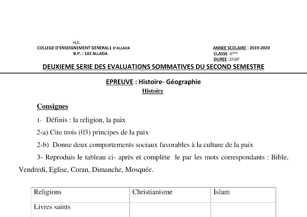 Aperçu de la première page — Histoire Géographie 6e Devoir 2 Semestre 2 CEG1 Allada 2019 2020