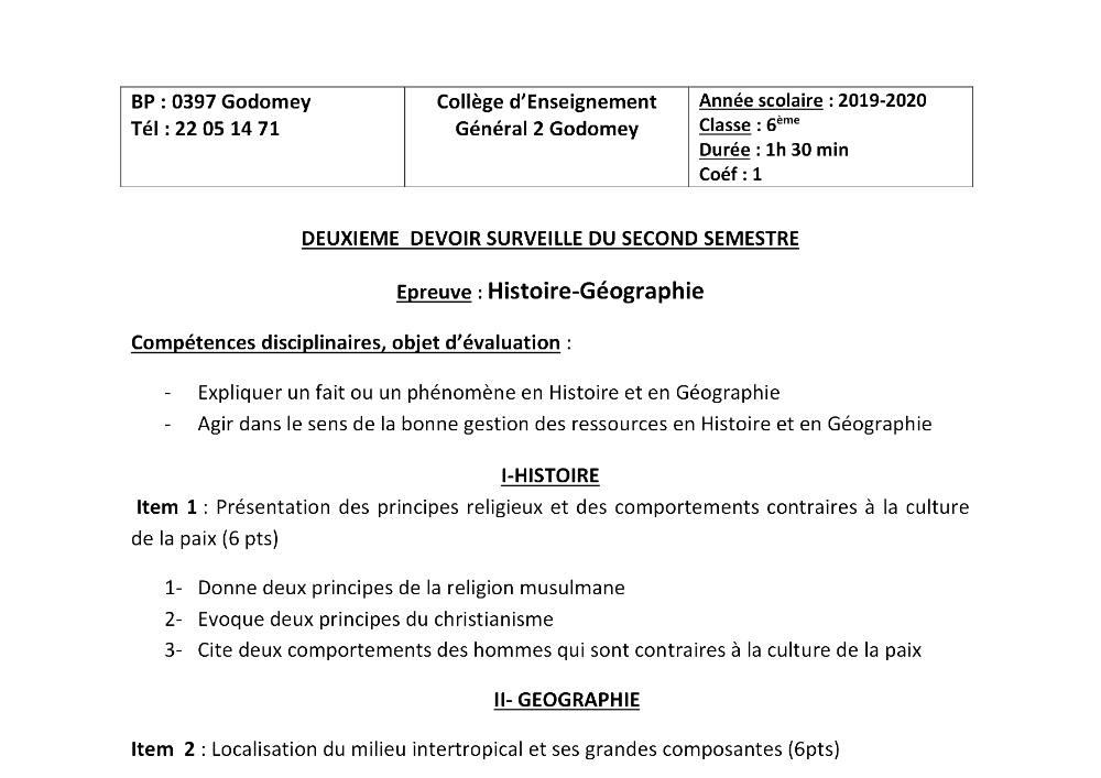 Aperçu de la première page — Histoire Géographie 6e Devoir 2 Semestre 2 CEG2 Godomey 2019 2020