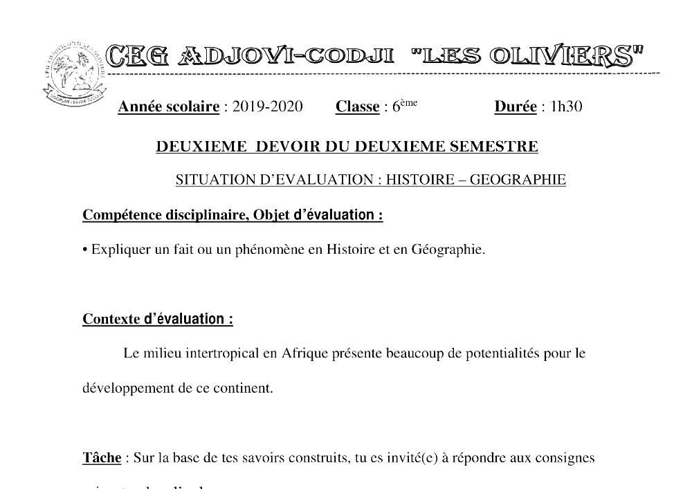 Aperçu de la première page — Histoire Géographie 6e Devoir 2 Semestre 2 CEG Adjovi Codji 2019 2020