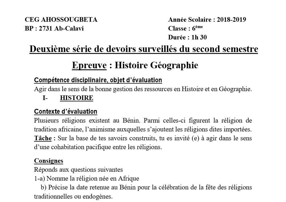 Aperçu de la première page — Histoire Géographie 6e Devoir 2 Semestre 2 CEG Ahossougbéta 2018 2019