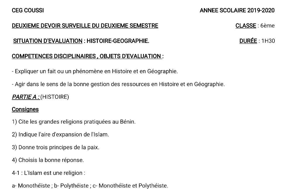 Aperçu de la première page — Histoire Géographie 6e Devoir 2 Semestre 2 CEG Coussi 2019 2020
