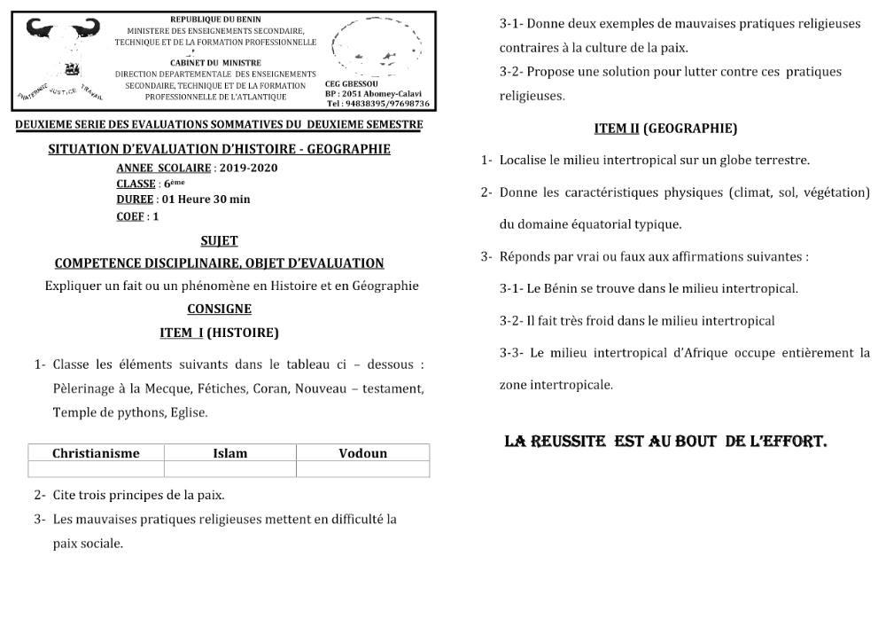 Aperçu de la première page — Histoire Géographie 6e Devoir 2 Semestre 2 CEG Gbessou 2019 2020