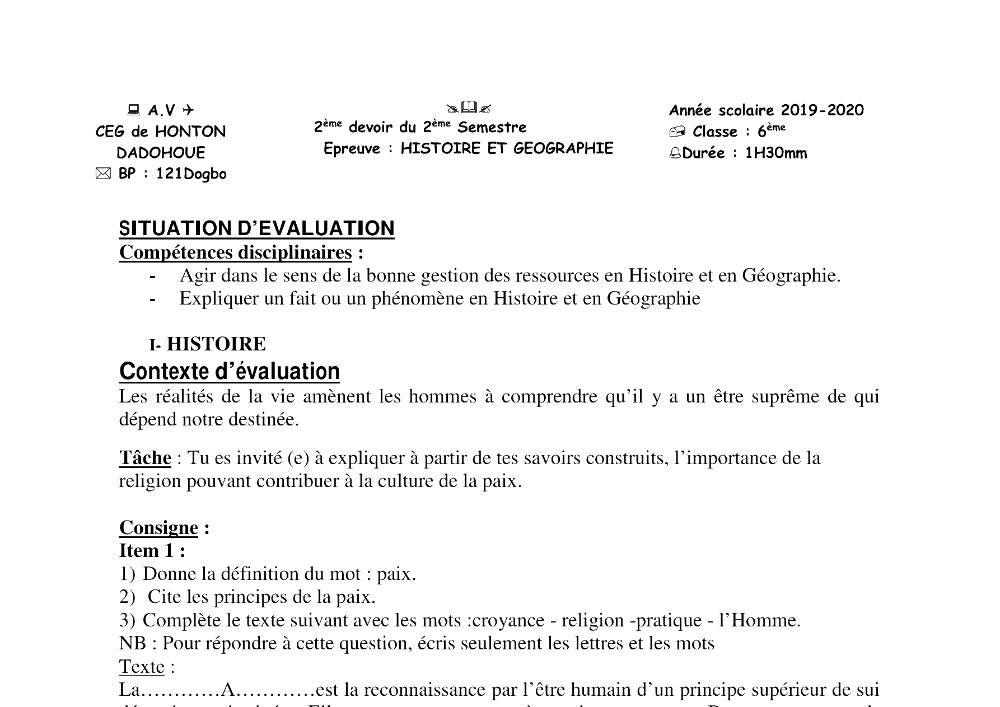 Aperçu de la première page — Histoire Géographie 6e Devoir 2 Semestre 2 CEG Honton 2019 2020