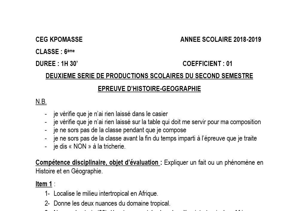 Aperçu de la première page — Histoire Géographie 6e Devoir 2 Semestre 2 CEG Kpomasse 2018 2019