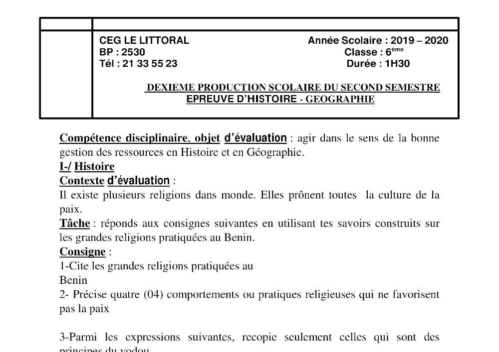 Aperçu de la première page — Histoire Géographie 6e Devoir 2 Semestre 2 CEG Le Littoral 2019 2020