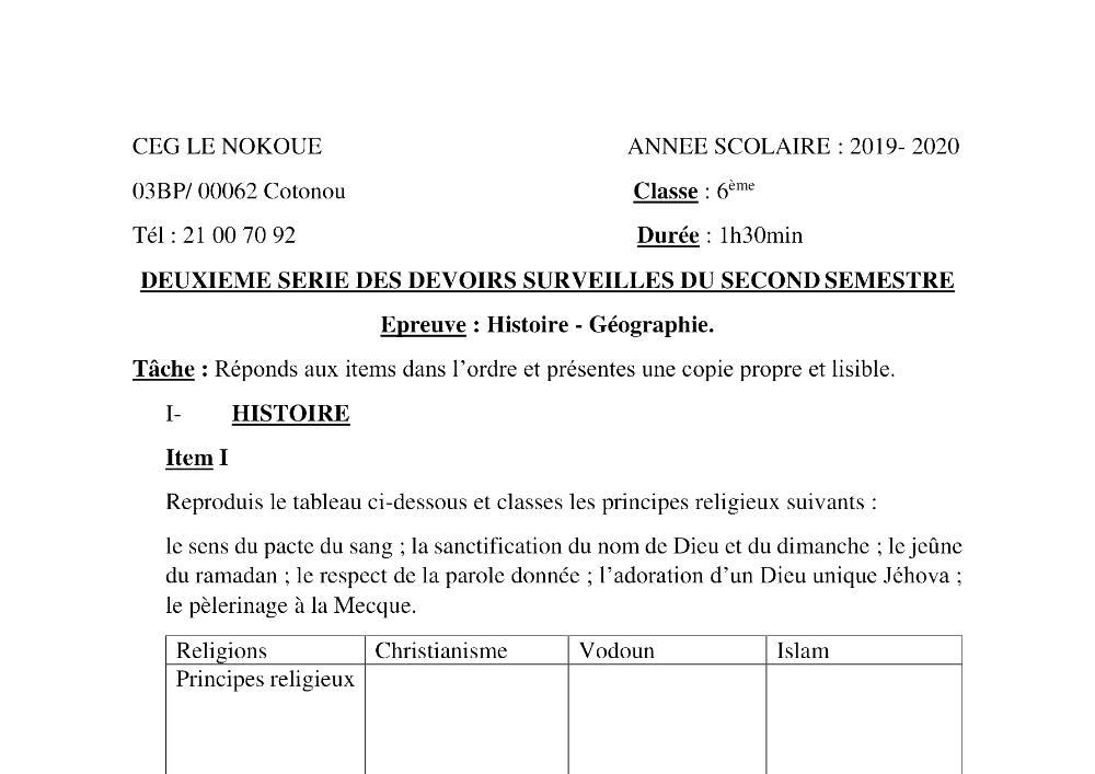 Aperçu de la première page — Histoire Géographie 6e Devoir 2 Semestre 2 CEG Le Nokoué 2019 2020