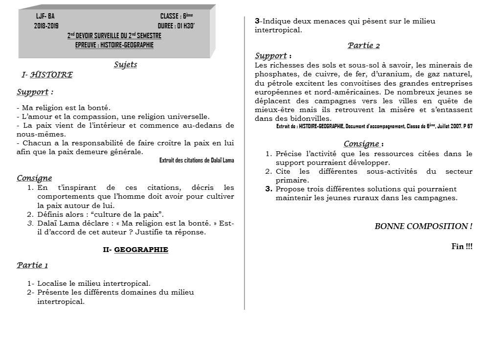 Aperçu de la première page — Histoire Géographie 6e Devoir 2 Semestre 2 CEG Ljf Ba 2018 2019