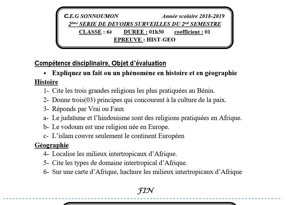 Aperçu de la première page — Histoire Géographie 6e Devoir 2 Semestre 2 CEG Sonnoumon 2018 2019