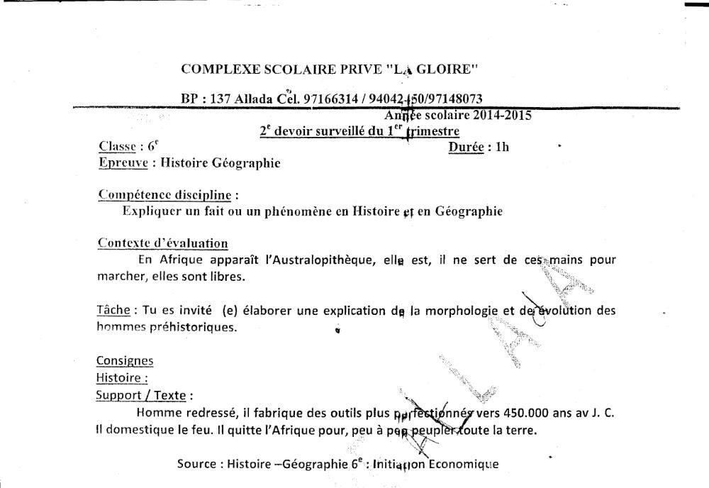 Aperçu de la première page — Histoire Géographie 6e Devoir 2 Trimestre 1 CS La Gloire 2014 2015