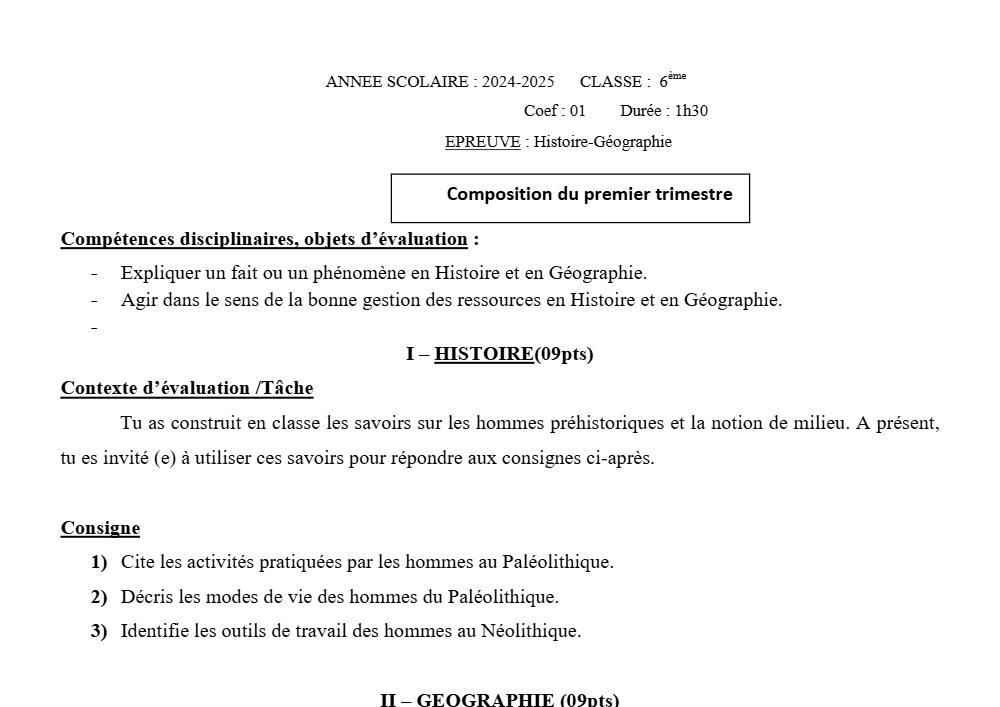 Aperçu de la première page — Histoire Géographie 6e Composition Trimestre 1 de 2024 2025