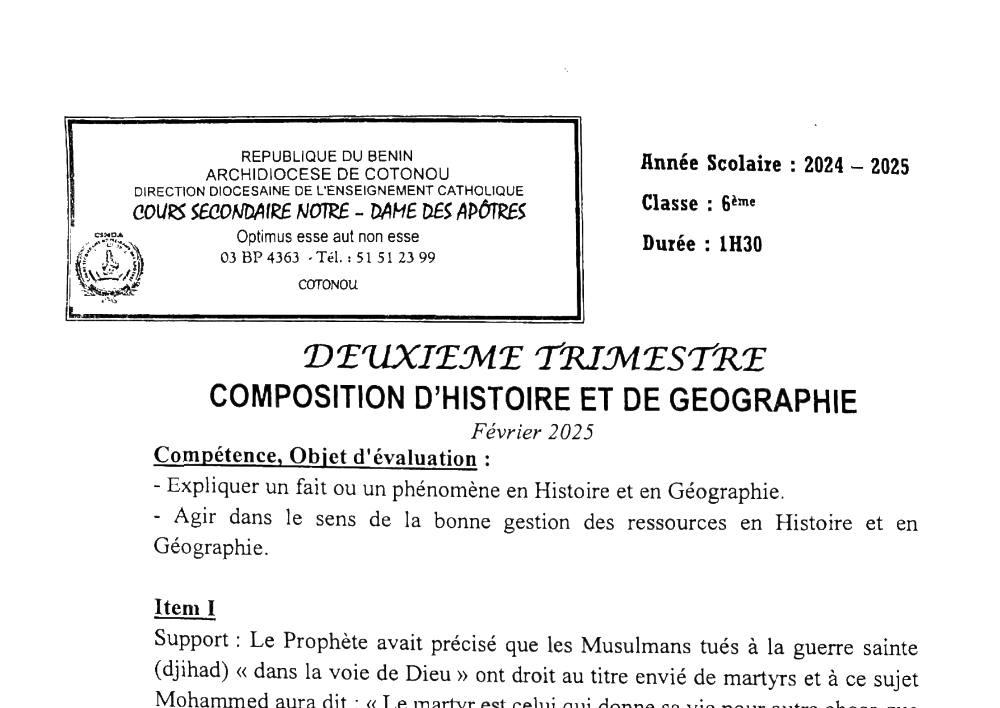 Aperçu de la première page — Histoire Géographie 6e Composition Trimestre 2 6ᵉ, CS Notre‑Dame des Apôtres Février 2025