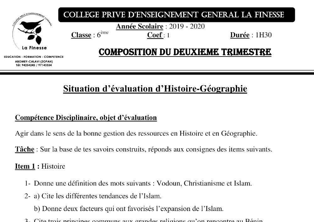 Aperçu de la première page — Histoire Géographie 6e Composition Trimestre 2 Cepg La Finesse 2019 2020