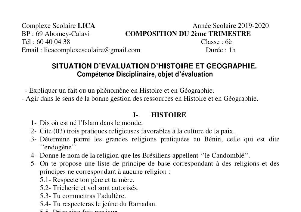 Aperçu de la première page — Histoire Géographie 6e Composition Trimestre 2 Cepg Lica 2019 2020