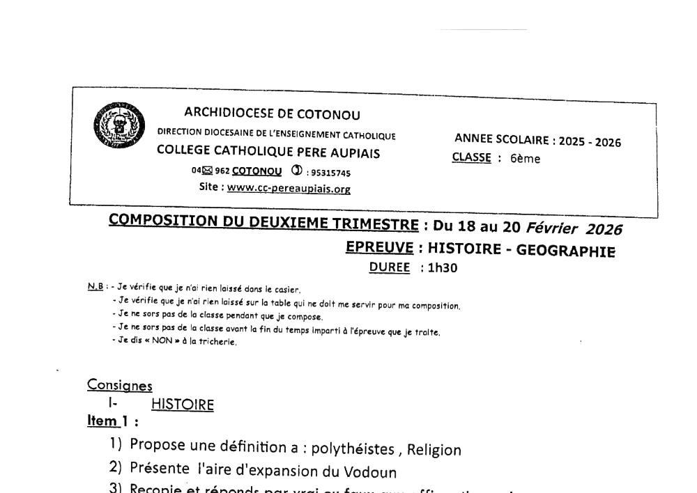Aperçu de la première page — Histoire Géographie 6e Composition Trimestre 2 Collège Catholique Père Aupiais Février 2026