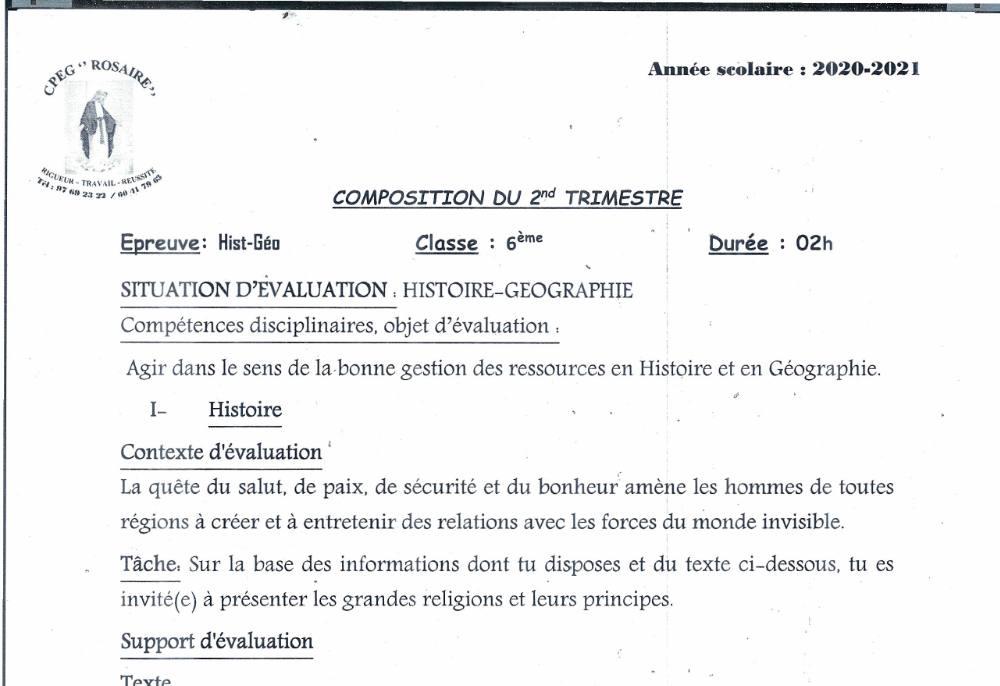 Aperçu de la première page — Histoire Géographie 6e Composition Trimestre 2 CPEG Le Rosaire 2020 2021
