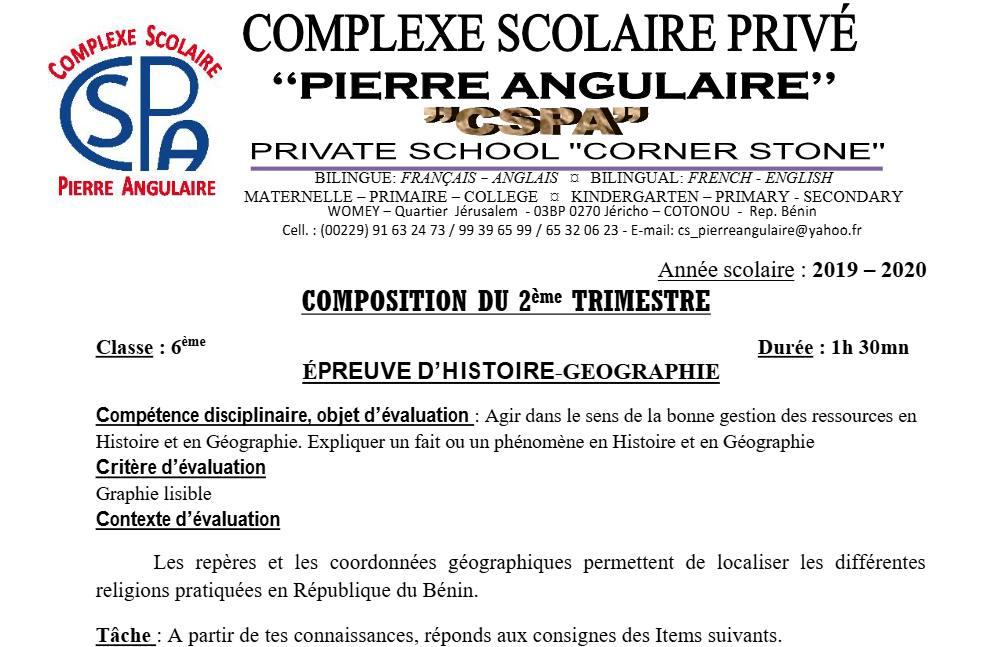 Aperçu de la première page — Histoire Géographie 6e Composition Trimestre 2 CS Pierre Angulaire 2019 2020