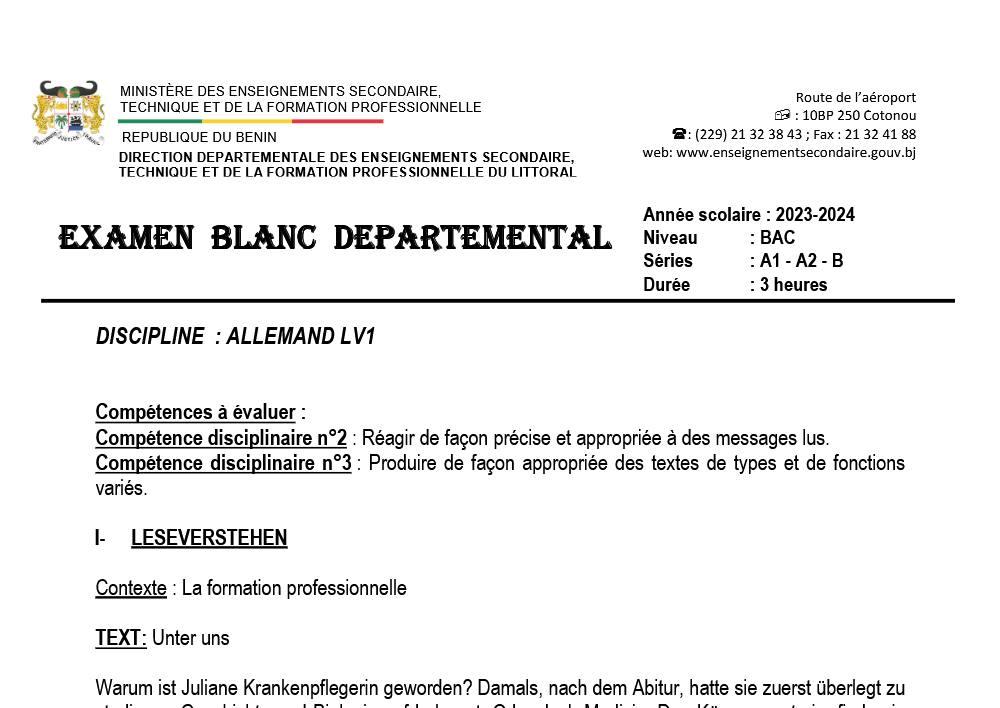 Aperçu de la première page — BAC BLANC LITTORAL - ALLEMAND LV1
