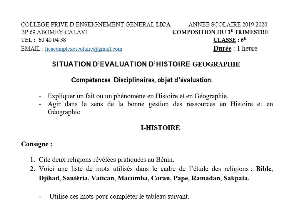 Aperçu de la première page — Histoire-Géographie 6e — 3e trimestre 2019
