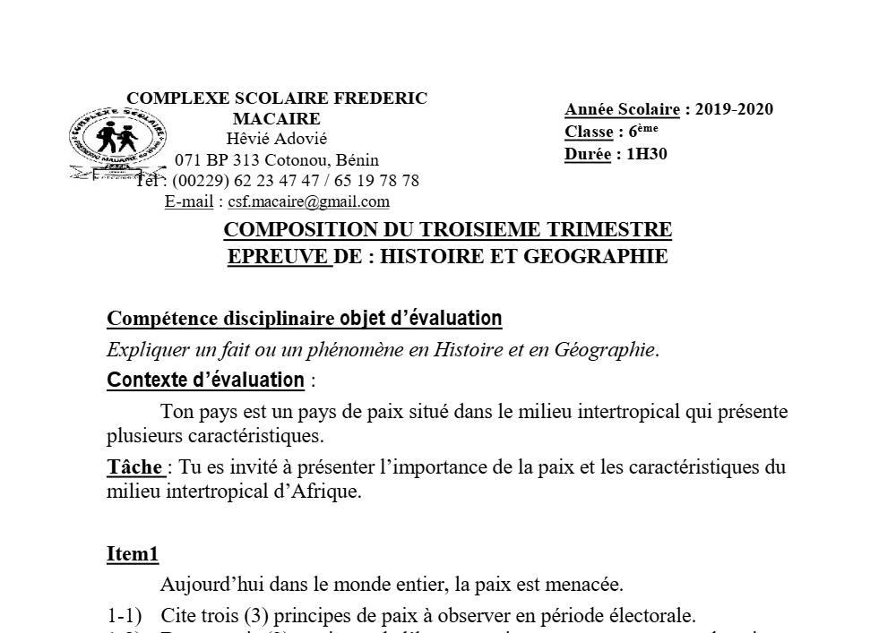Aperçu de la première page — Histoire Géographie 6e Composition Trimestre 3 CS Frederic Macaire 2019 2020