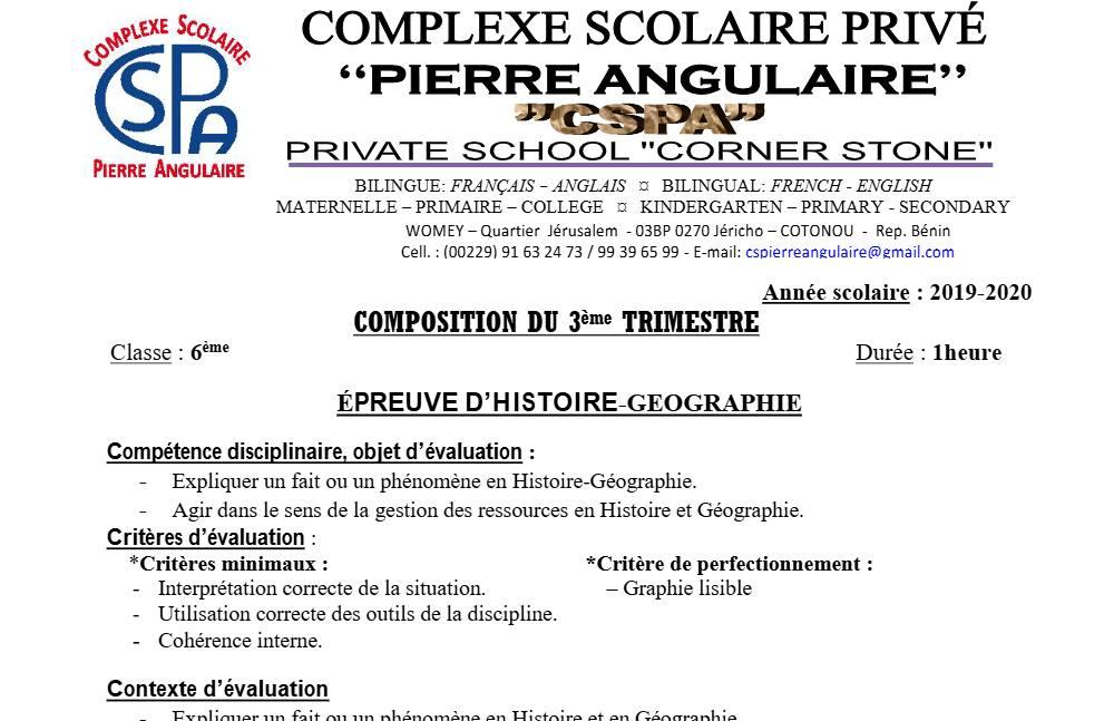 Aperçu de la première page — Histoire Géographie 6e Composition Trimestre 3 CS Pierre Angulaire 2019 2020