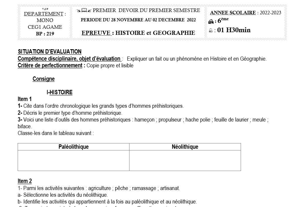 Aperçu de la première page — Histoire Géographie 6e Devoir 1 Semestre 1 CEG1 Agame 2022 2023