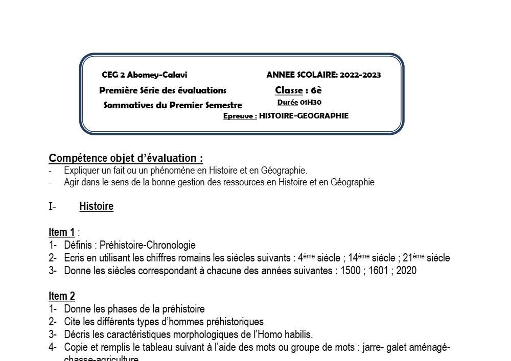 Aperçu de la première page — Histoire Géographie 6e Devoir 1 Semestre 1 CEG2 Abomey Calavi 2022 2023