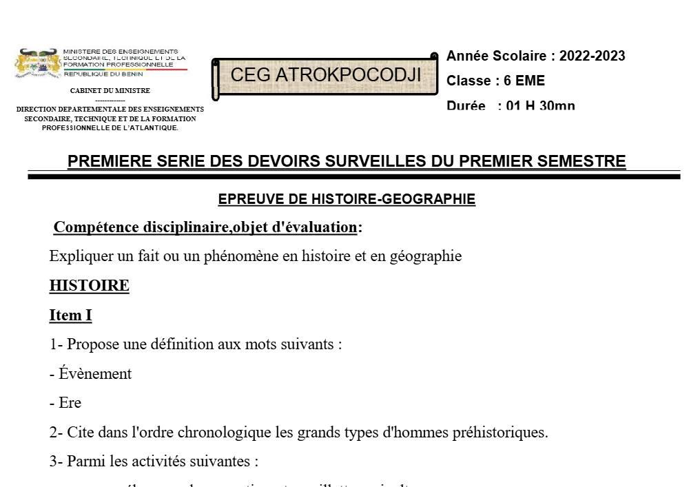 Aperçu de la première page — Histoire Géographie 6e Devoir 1 Semestre 1 CEG Atrokpocodji 2022 2023