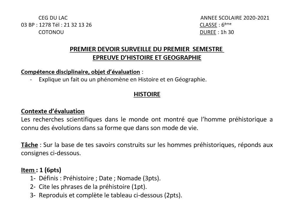 Aperçu de la première page — Histoire Géographie 6e Devoir 1 Semestre 1 CEG du Lac 2020 2021