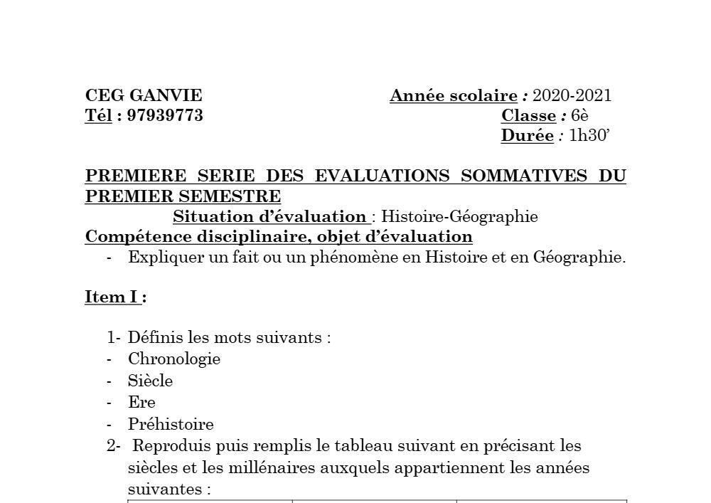Aperçu de la première page — Histoire Géographie 6e Devoir 1 Semestre 1 CEG Ganvie 2020 2021