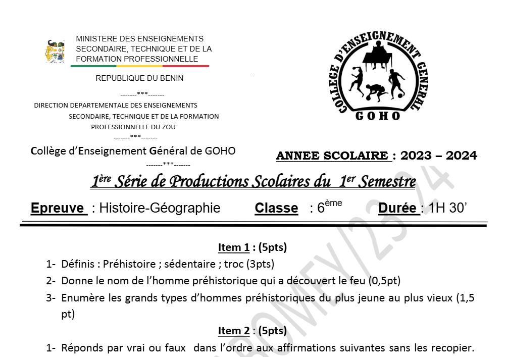 Aperçu de la première page — Histoire Géographie 6e Devoir 1 Semestre 1 CEG Goho Abomey 2023 2024
