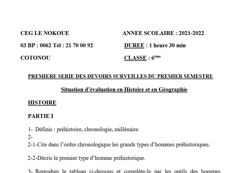 Aperçu de la première page — Histoire Géographie 6e Devoir 1 Semestre 1 CEG Le Nokoué 2021 2022 (2)