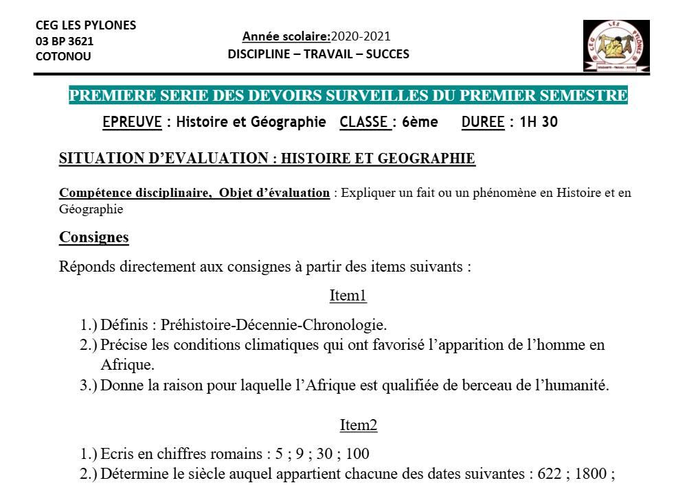 Aperçu de la première page — Histoire Géographie 6e Devoir 1 Semestre 1 CEG Les Pylônes 2020 2021