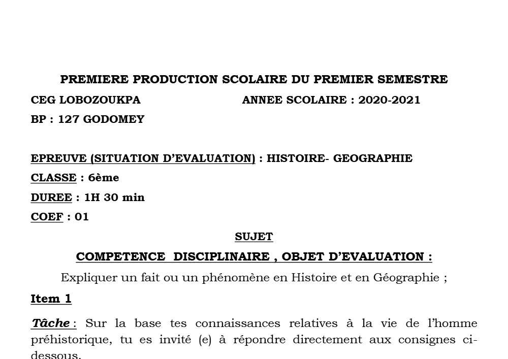 Aperçu de la première page — Histoire Géographie 6e Devoir 1 Semestre 1 CEG Lobozounkpa 2020 2021