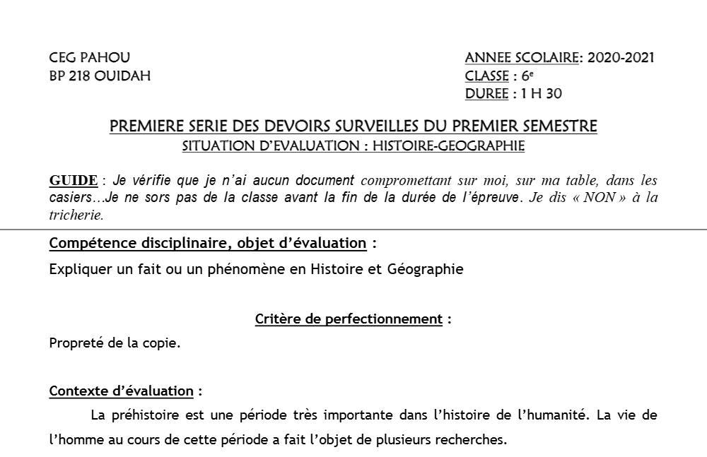 Aperçu de la première page — Histoire Géographie 6e Devoir 1 Semestre 1 CEG Pahou 2020 2021