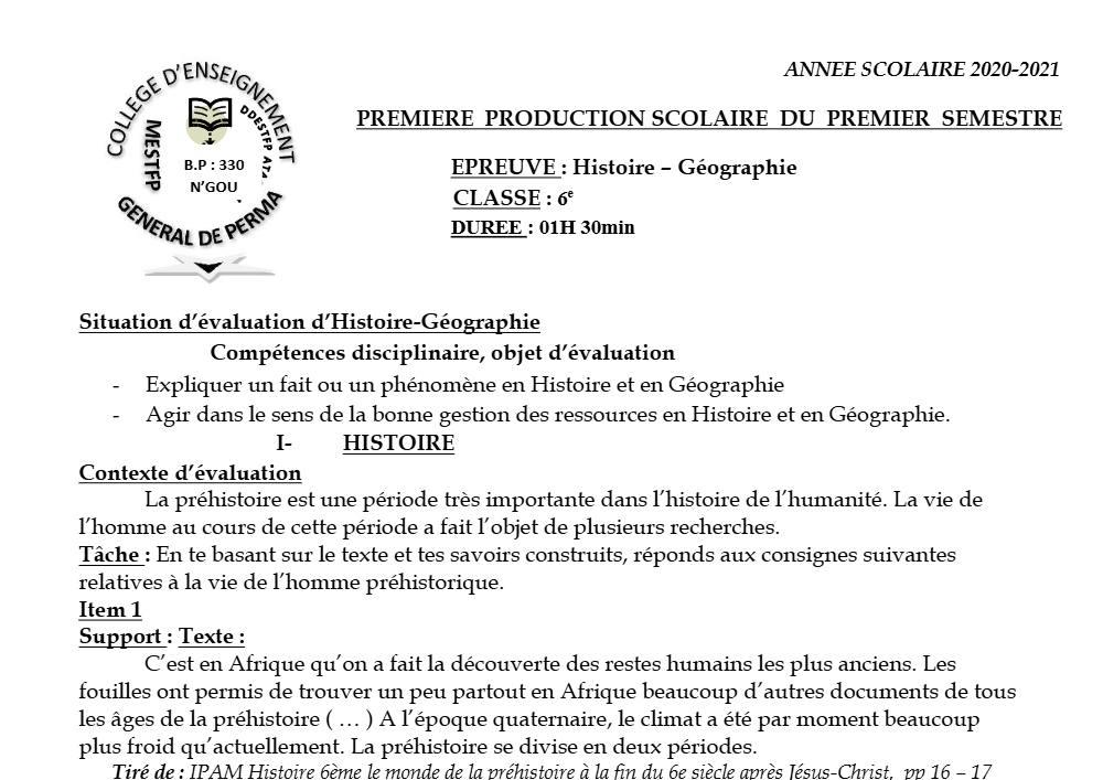 Aperçu de la première page — Histoire Géographie 6e Devoir 1 Semestre 1 CEG Perma 2020 2021