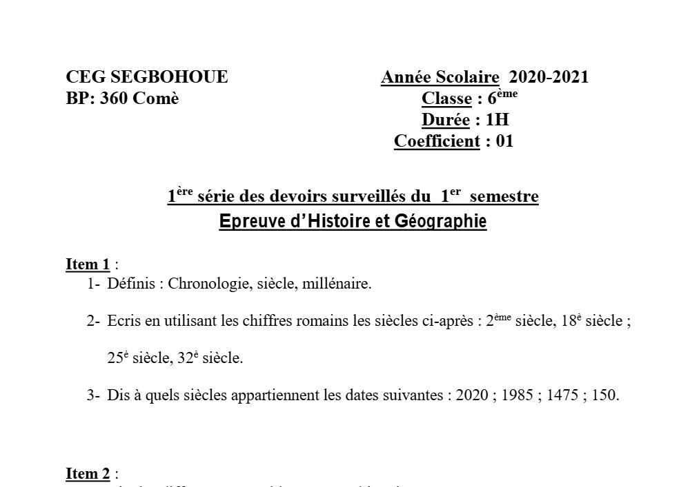Aperçu de la première page — Histoire Géographie 6e Devoir 1 Semestre 1 CEG Segbohoue 2020 2021