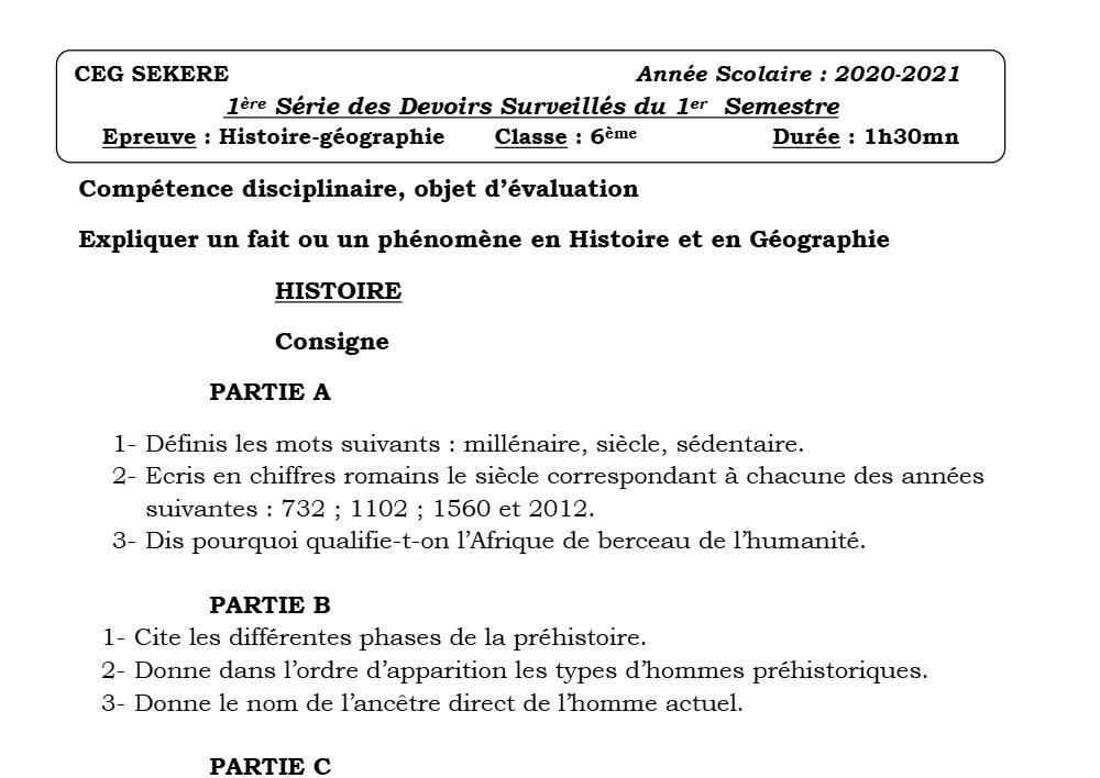 Aperçu de la première page — Histoire Géographie 6e Devoir 1 Semestre 1 CEG Sékéré 2020 2021