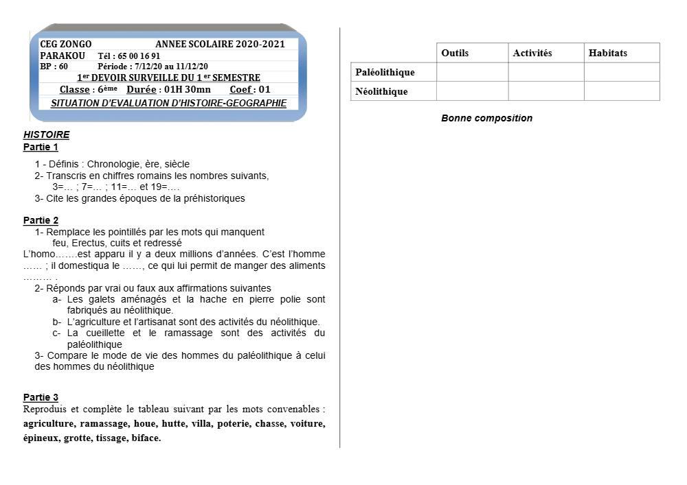 Aperçu de la première page — Histoire Géographie 6e Devoir 1 Semestre 1 CEG Zongo 2020 2021