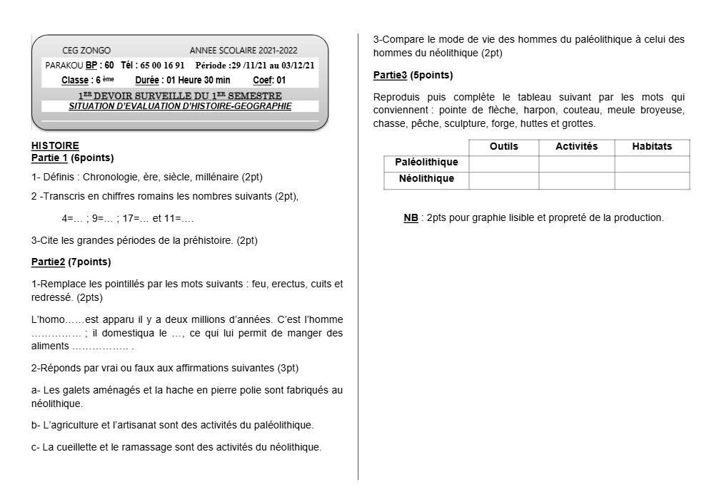 Aperçu de la première page — Histoire Géographie 6e Devoir 1 Semestre 1 CEG Zongo 2021 2022