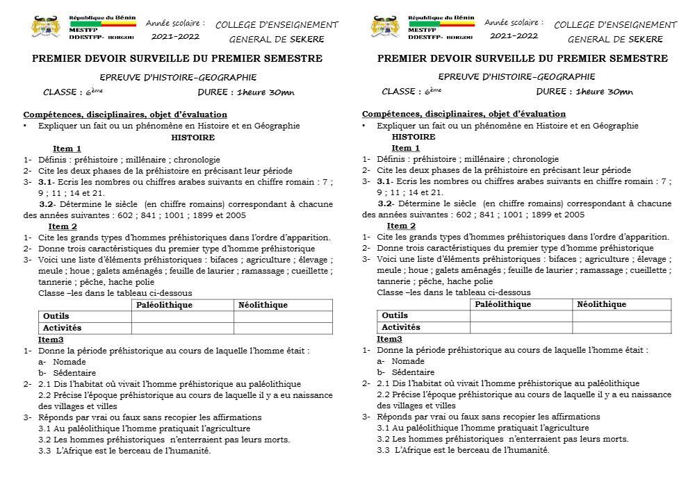Aperçu de la première page — Histoire Géographie 6e Devoir 1 Semestre 1 Collège D'Enseignement Général Sékéré 2021 2022