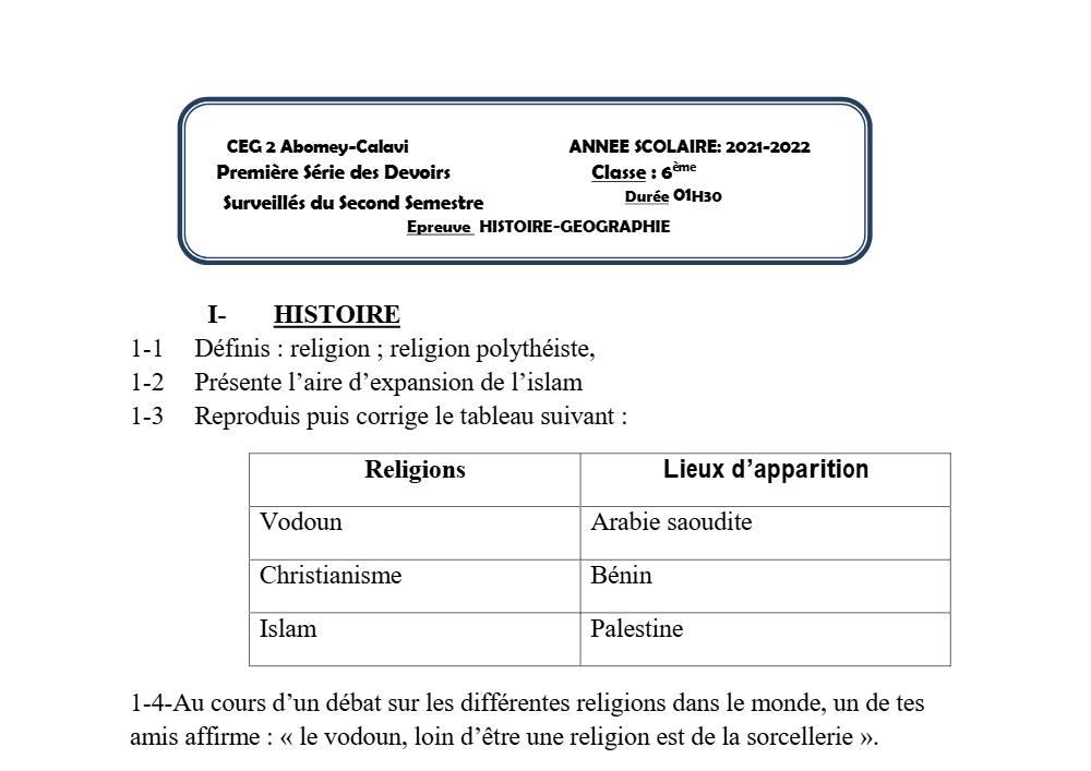 Aperçu de la première page — Histoire Géographie 6e Devoir 1 Semestre 2 CEG2 Abomey Calavi 2021 2022