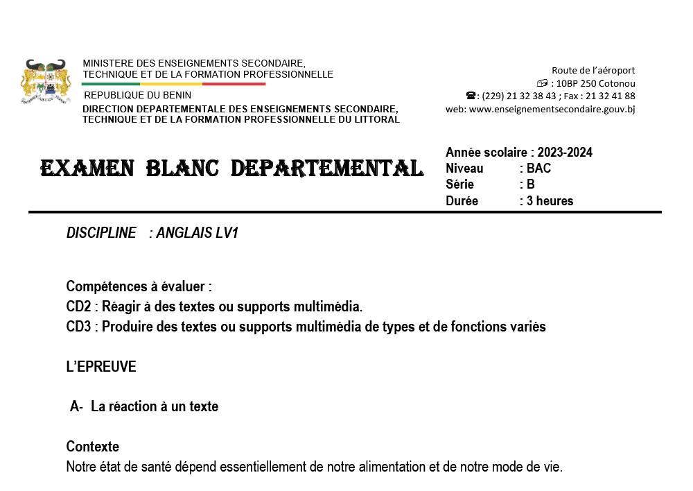 Aperçu de la première page — BAC BLANC LITTORAL - Anglais Tle B